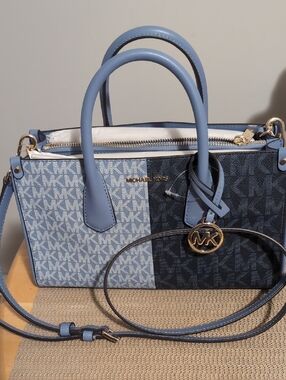 Michael Kors Two-Tone Blue MK Signature Satchel w/Gold Logo Charm New